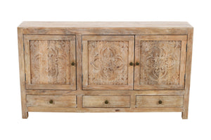 HomeRoots 64" White Distressed Solid Wood Sideboard with Carved Floral Design and Ample Storage Solutions 606268