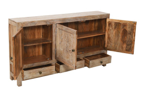 HomeRoots 64" White Distressed Solid Wood Sideboard with Carved Floral Design and Ample Storage Solutions 606268