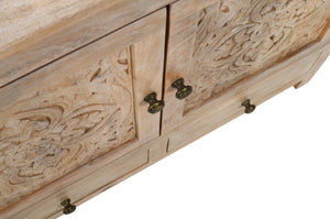 HomeRoots 64" White Distressed Solid Wood Sideboard with Carved Floral Design and Ample Storage Solutions 606268