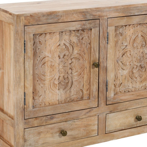 HomeRoots 64" White Distressed Solid Wood Sideboard with Carved Floral Design and Ample Storage Solutions 606268