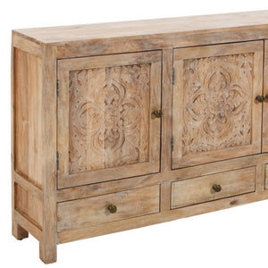 HomeRoots 64" White Distressed Solid Wood Sideboard with Carved Floral Design and Ample Storage Solutions 606268