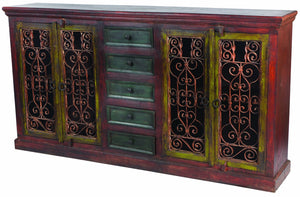 HomeRoots 82" Red Distressed Solid Wood Buffet Table - Rustic Charm Meets Practical Storage for Any Space 606269