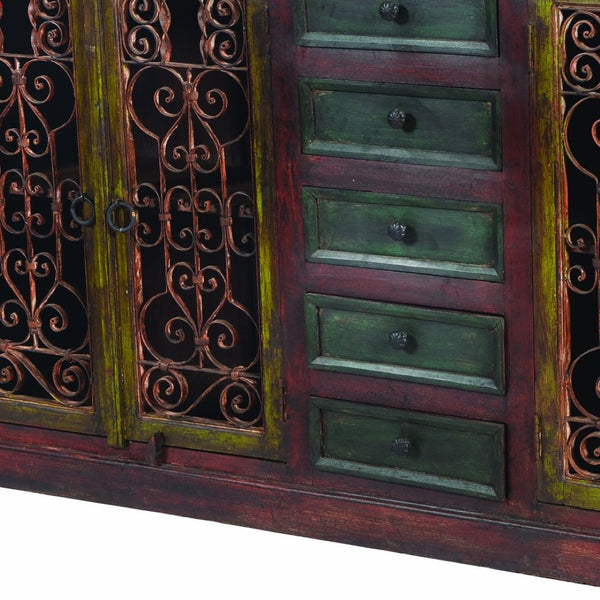 HomeRoots 82" Red Distressed Solid Wood Buffet Table - Rustic Charm Meets Practical Storage for Any Space 606269