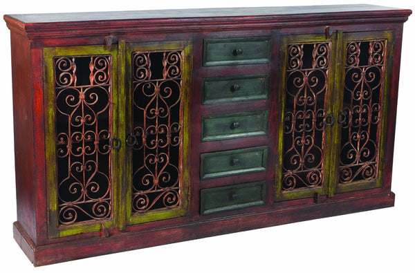 HomeRoots 82" Red Distressed Solid Wood Buffet Table - Rustic Charm Meets Practical Storage for Any Space 606269