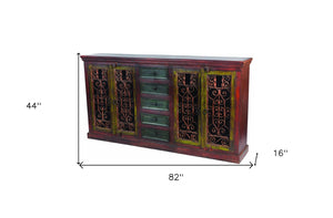 HomeRoots 82" Red Distressed Solid Wood Buffet Table - Rustic Charm Meets Practical Storage for Any Space 606269