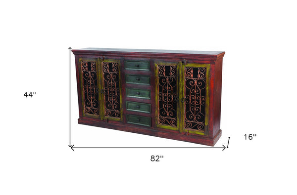 HomeRoots 82" Red Distressed Solid Wood Buffet Table - Rustic Charm Meets Practical Storage for Any Space 606269