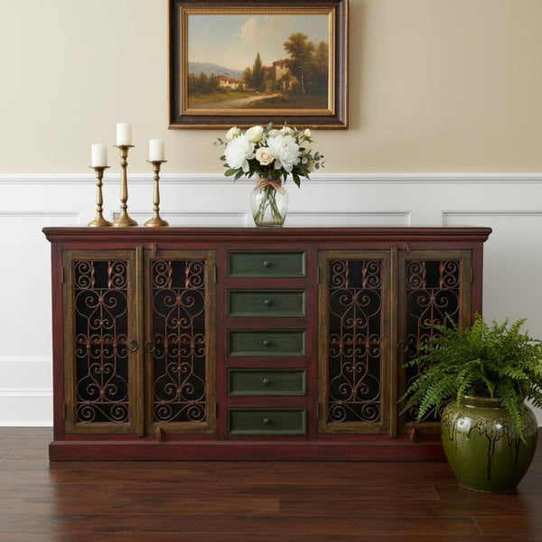HomeRoots 82" Red Distressed Solid Wood Buffet Table - Rustic Charm Meets Practical Storage for Any Space 606269