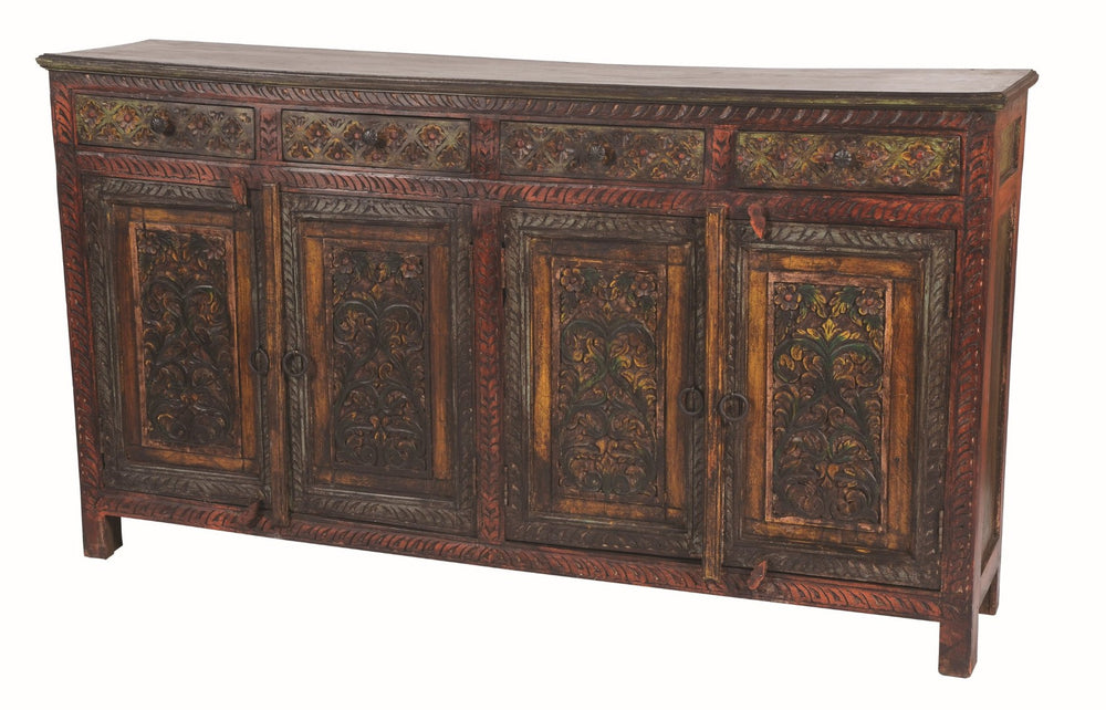 HomeRoots 75" Red Distressed Buffet Table with Carved Scrollwork – Stylish Storage for Dining & Living Spaces 606270