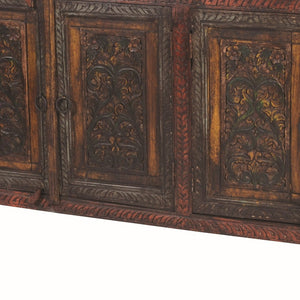 HomeRoots 75" Red Distressed Buffet Table with Carved Scrollwork – Stylish Storage for Dining & Living Spaces 606270