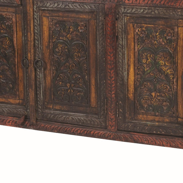 HomeRoots 75" Red Distressed Buffet Table with Carved Scrollwork – Stylish Storage for Dining & Living Spaces 606270
