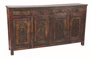 HomeRoots 75" Red Distressed Buffet Table with Carved Scrollwork – Stylish Storage for Dining & Living Spaces 606270