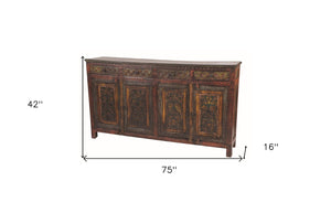HomeRoots 75" Red Distressed Buffet Table with Carved Scrollwork – Stylish Storage for Dining & Living Spaces 606270