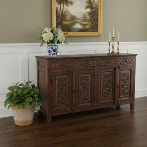 HomeRoots 75" Red Distressed Buffet Table with Carved Scrollwork – Stylish Storage for Dining & Living Spaces 606270