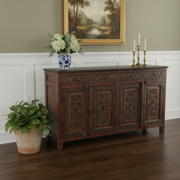 HomeRoots 75" Red Distressed Buffet Table with Carved Scrollwork – Stylish Storage for Dining & Living Spaces 606270