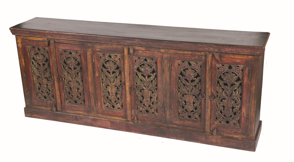 HomeRoots 90" Red Distressed Solid Wood Buffet Table with Elegant Carved Scrollwork and Ample Storage Solutions 606271