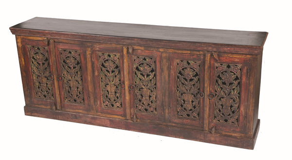 HomeRoots 90" Red Distressed Solid Wood Buffet Table with Elegant Carved Scrollwork and Ample Storage Solutions 606271