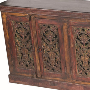 HomeRoots 90" Red Distressed Solid Wood Buffet Table with Elegant Carved Scrollwork and Ample Storage Solutions 606271