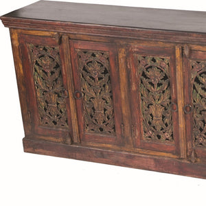 HomeRoots 90" Red Distressed Solid Wood Buffet Table with Elegant Carved Scrollwork and Ample Storage Solutions 606271