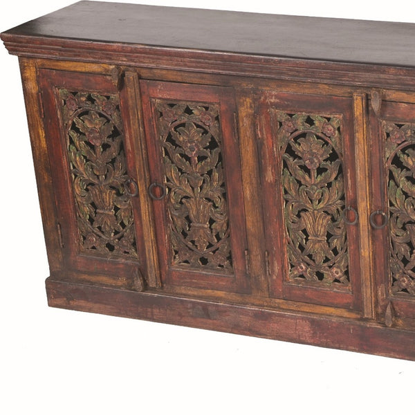 HomeRoots 90" Red Distressed Solid Wood Buffet Table with Elegant Carved Scrollwork and Ample Storage Solutions 606271