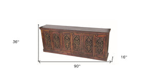 HomeRoots 90" Red Distressed Solid Wood Buffet Table with Elegant Carved Scrollwork and Ample Storage Solutions 606271