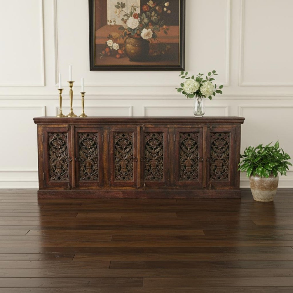 HomeRoots 90" Red Distressed Solid Wood Buffet Table with Elegant Carved Scrollwork and Ample Storage Solutions 606271