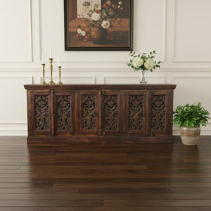 HomeRoots 90" Red Distressed Solid Wood Buffet Table with Elegant Carved Scrollwork and Ample Storage Solutions 606271
