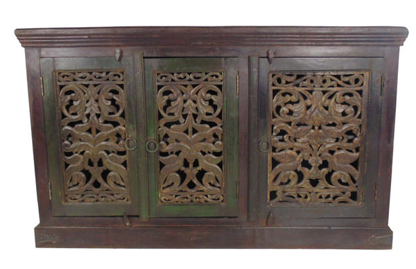 HomeRoots 60" Brown Distressed Buffet Table with Hand-Carved Scrollwork & Ample Three-Door Storage Solution 606273