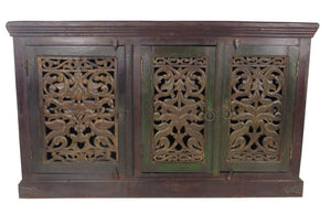HomeRoots 60" Brown Distressed Buffet Table with Hand-Carved Scrollwork & Ample Three-Door Storage Solution 606273