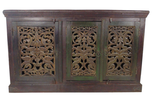 HomeRoots 60" Brown Distressed Buffet Table with Hand-Carved Scrollwork & Ample Three-Door Storage Solution 606273