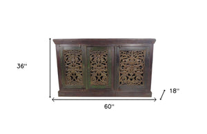 HomeRoots 60" Brown Distressed Buffet Table with Hand-Carved Scrollwork & Ample Three-Door Storage Solution 606273