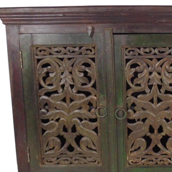 HomeRoots 60" Brown Distressed Buffet Table with Hand-Carved Scrollwork & Ample Three-Door Storage Solution 606273