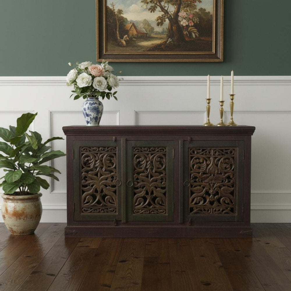 HomeRoots 60" Brown Distressed Buffet Table with Hand-Carved Scrollwork & Ample Three-Door Storage Solution 606273