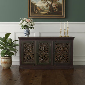 HomeRoots 60" Brown Distressed Buffet Table with Hand-Carved Scrollwork & Ample Three-Door Storage Solution 606273