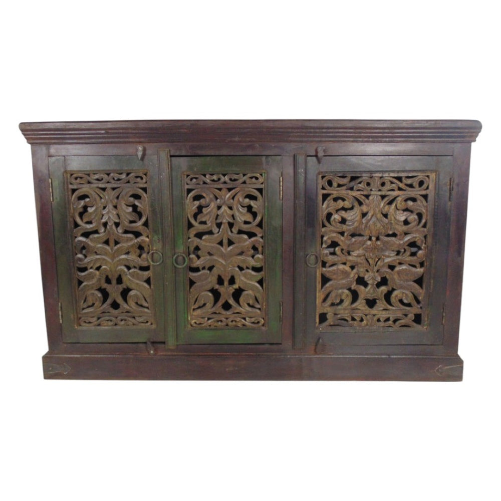 HomeRoots 60" Brown Distressed Buffet Table with Hand-Carved Scrollwork & Ample Three-Door Storage Solution 606273