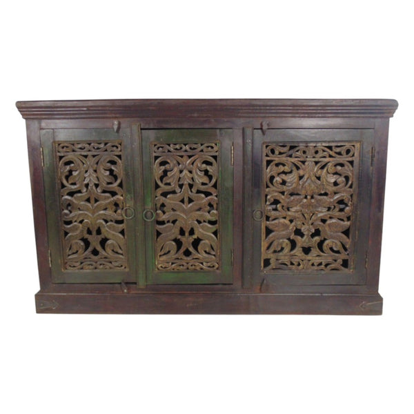 HomeRoots 60" Brown Distressed Buffet Table with Hand-Carved Scrollwork & Ample Three-Door Storage Solution 606273