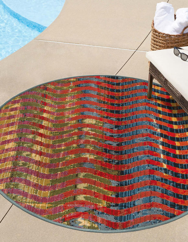 Unique Loom Outdoor Modern Wavy Machine Made Geometric Rug Multi, Beige/Blue/Brown/Cream/Green/Red/Navy Blue/Olive/Orange 8' 0" x 8' 0"