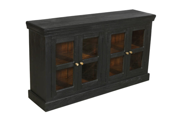 HomeRoots 62" Charcoal Distressed Solid Wood Sideboard: Stylish Glass Doors & Ample Storage for Any Room 606276