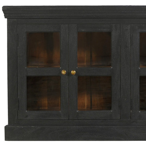 HomeRoots 62" Charcoal Distressed Solid Wood Sideboard: Stylish Glass Doors & Ample Storage for Any Room 606276