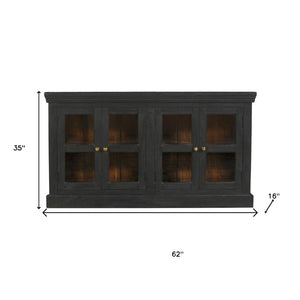 HomeRoots 62" Charcoal Distressed Solid Wood Sideboard: Stylish Glass Doors & Ample Storage for Any Room 606276