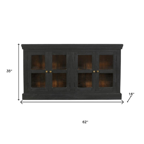 HomeRoots 62" Charcoal Distressed Solid Wood Sideboard: Stylish Glass Doors & Ample Storage for Any Room 606276