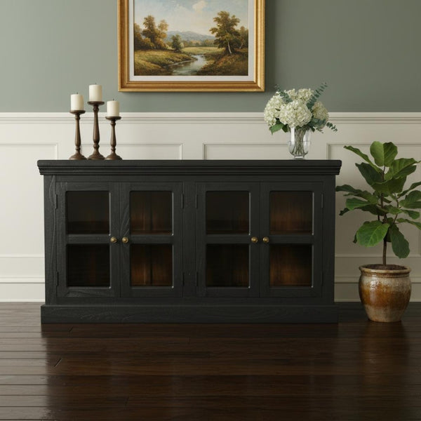 HomeRoots 62" Charcoal Distressed Solid Wood Sideboard: Stylish Glass Doors & Ample Storage for Any Room 606276