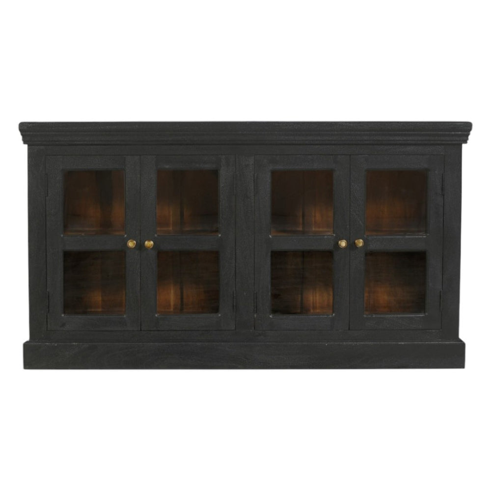HomeRoots 62" Charcoal Distressed Solid Wood Sideboard: Stylish Glass Doors & Ample Storage for Any Room 606276