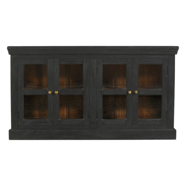 HomeRoots 62" Charcoal Distressed Solid Wood Sideboard: Stylish Glass Doors & Ample Storage for Any Room 606276