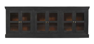 HomeRoots 93" Charcoal Distressed Solid Wood Sideboard with Glass Doors - Vintage Elegance for Every Space 606277