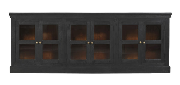 HomeRoots 93" Charcoal Distressed Solid Wood Sideboard with Glass Doors - Vintage Elegance for Every Space 606277
