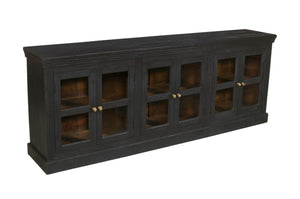HomeRoots 93" Charcoal Distressed Solid Wood Sideboard with Glass Doors - Vintage Elegance for Every Space 606277