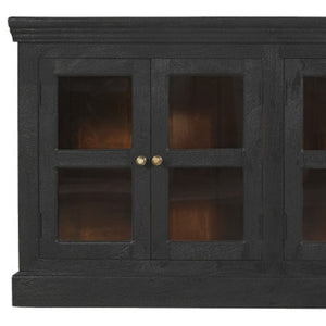 HomeRoots 93" Charcoal Distressed Solid Wood Sideboard with Glass Doors - Vintage Elegance for Every Space 606277