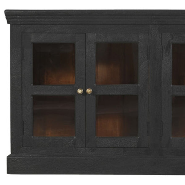 HomeRoots 93" Charcoal Distressed Solid Wood Sideboard with Glass Doors - Vintage Elegance for Every Space 606277