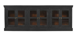 HomeRoots 93" Charcoal Distressed Solid Wood Sideboard with Glass Doors - Vintage Elegance for Every Space 606277