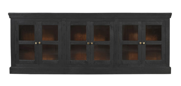 HomeRoots 93" Charcoal Distressed Solid Wood Sideboard with Glass Doors - Vintage Elegance for Every Space 606277
